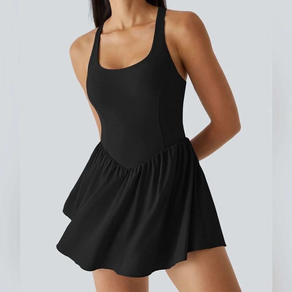 Halara Breezeful Corset NWT 2-in-1 Tennis Dress Backless Built-In Shorts Black M